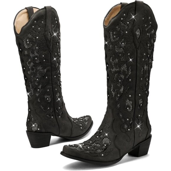 Shoes - Women Black Embroidery Sparkly Rhinestone Chunky Heel Mid Calf Wedding Boots